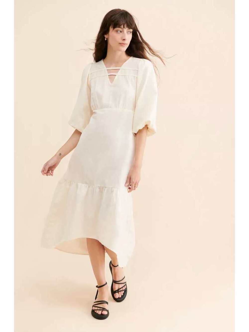Anthropologie x Native Youth - Cream Linen Midi Dress with Puff Sleeves, Size S